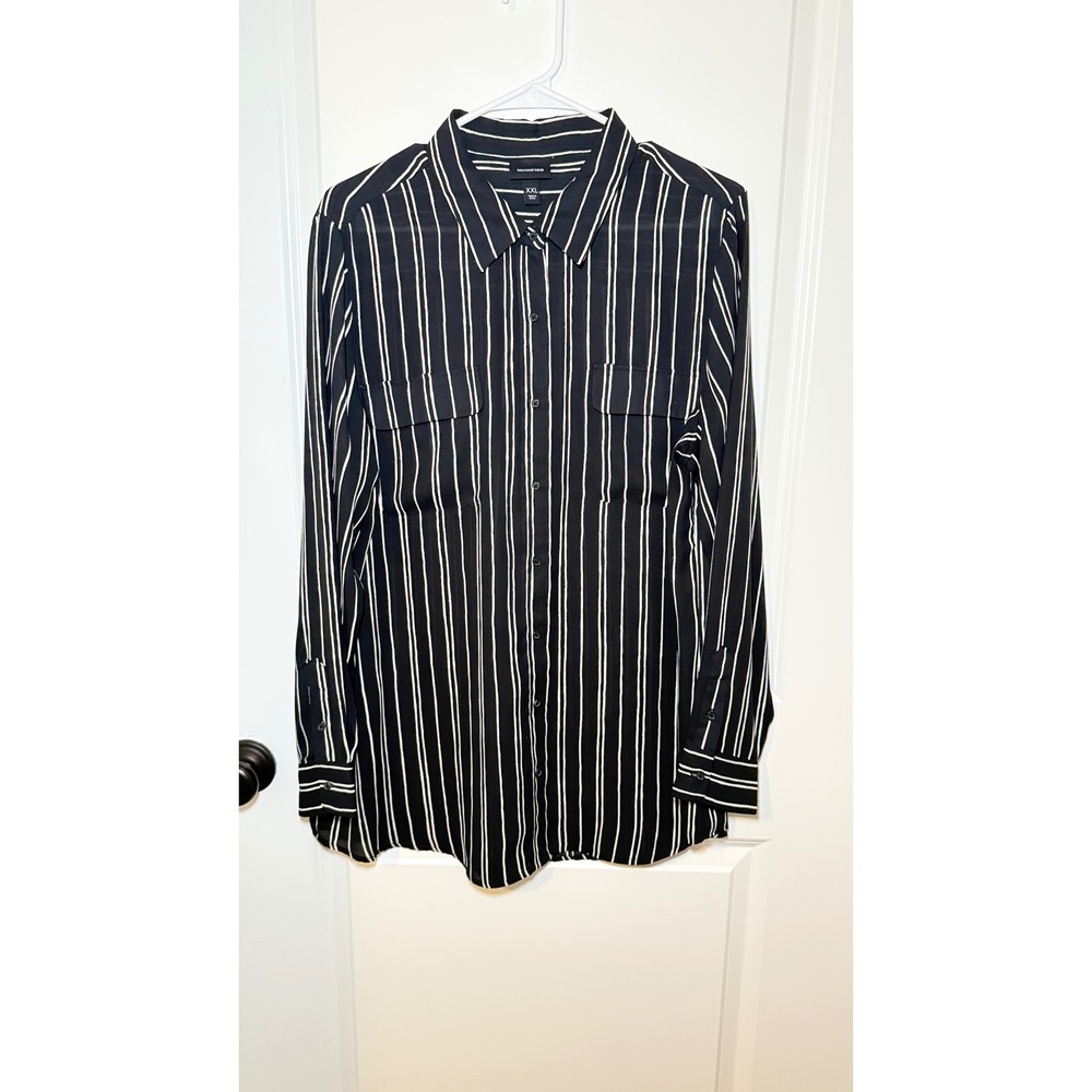 Who What Wear Womens XXL Black White Striped Button Down Blouse Long Sleeve Top